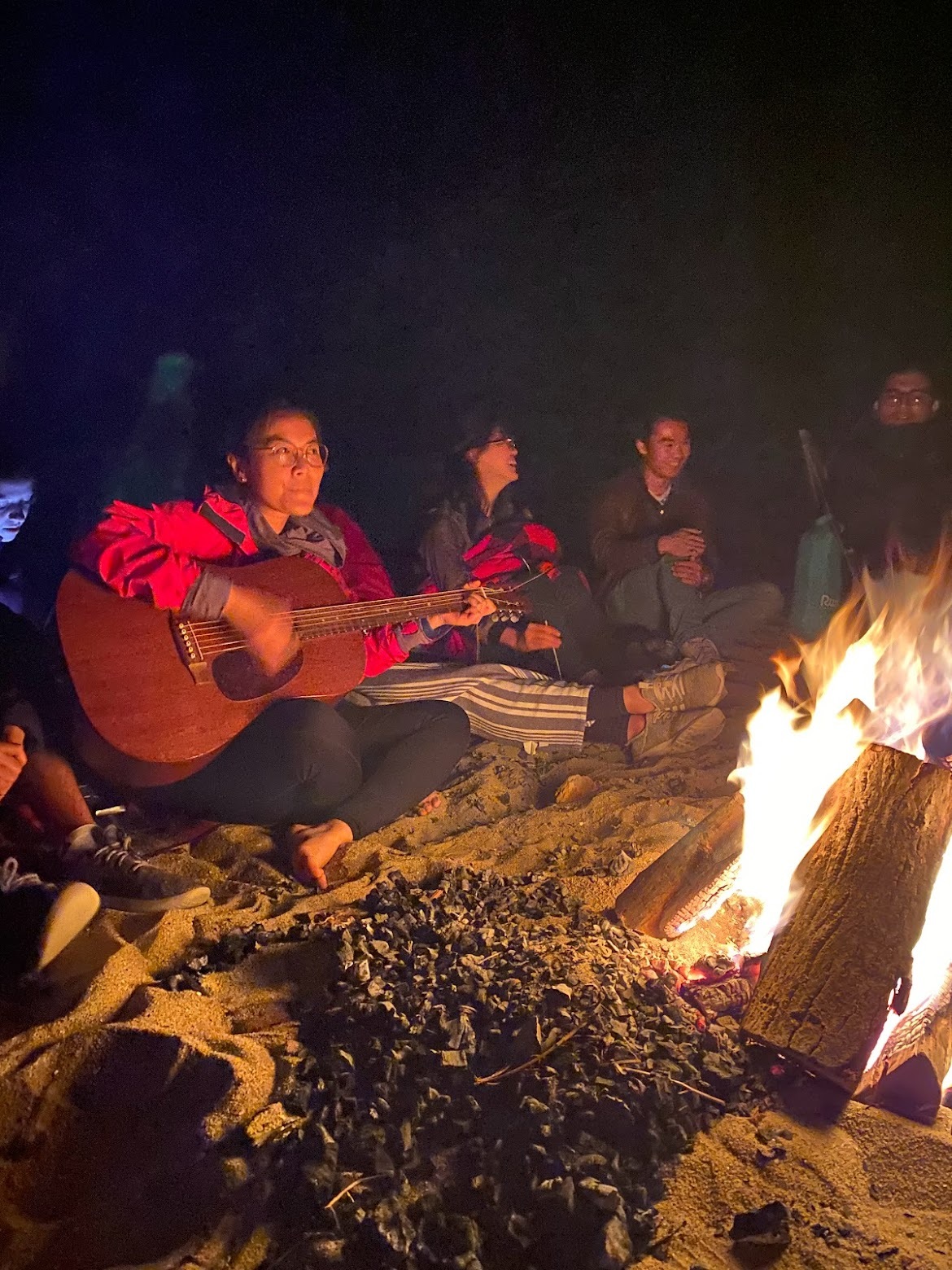Students at a beach bonfire